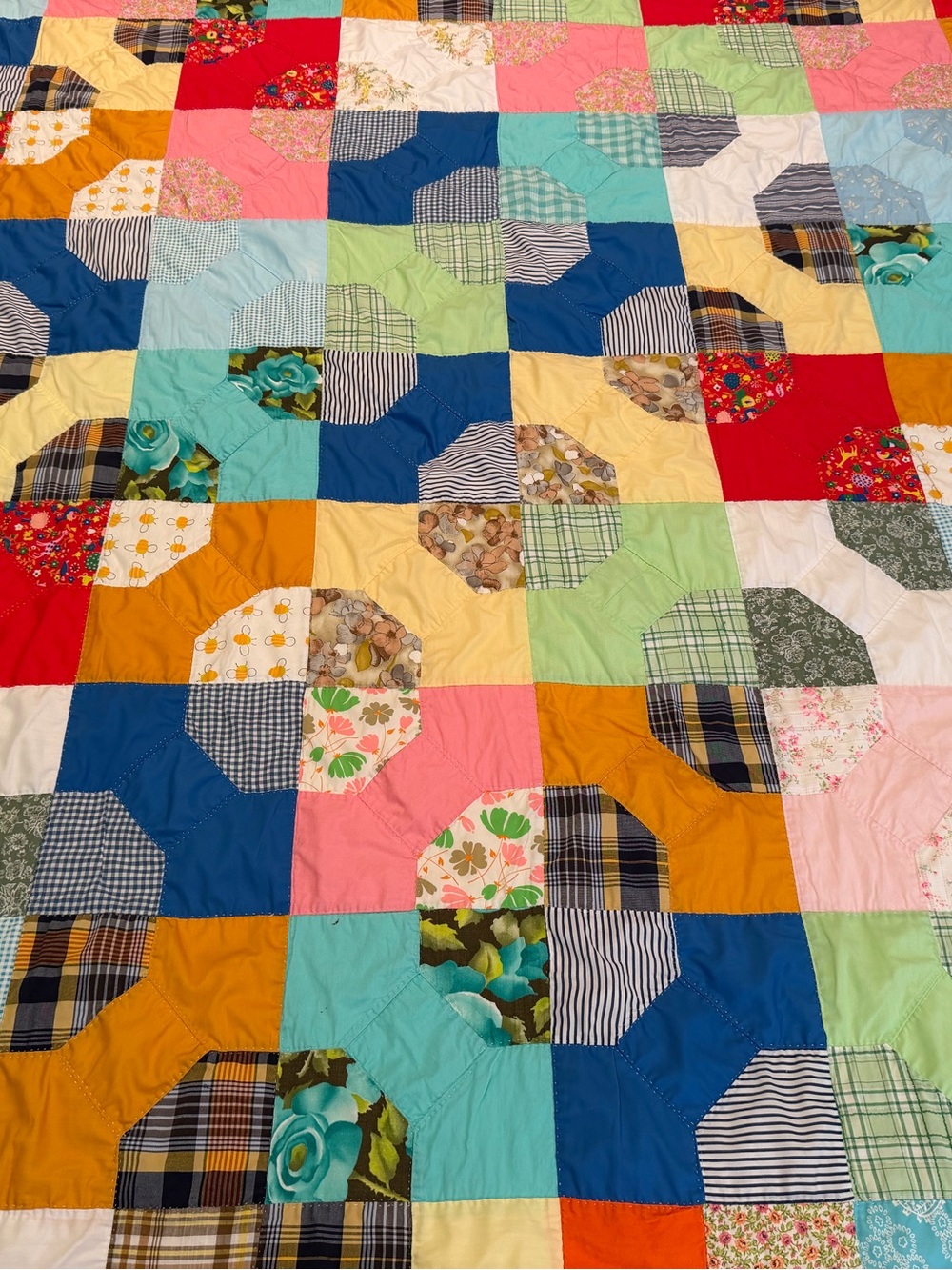 Vintage large hand stitched colorful bright quilt 83โx71โ cottage core farmhouse